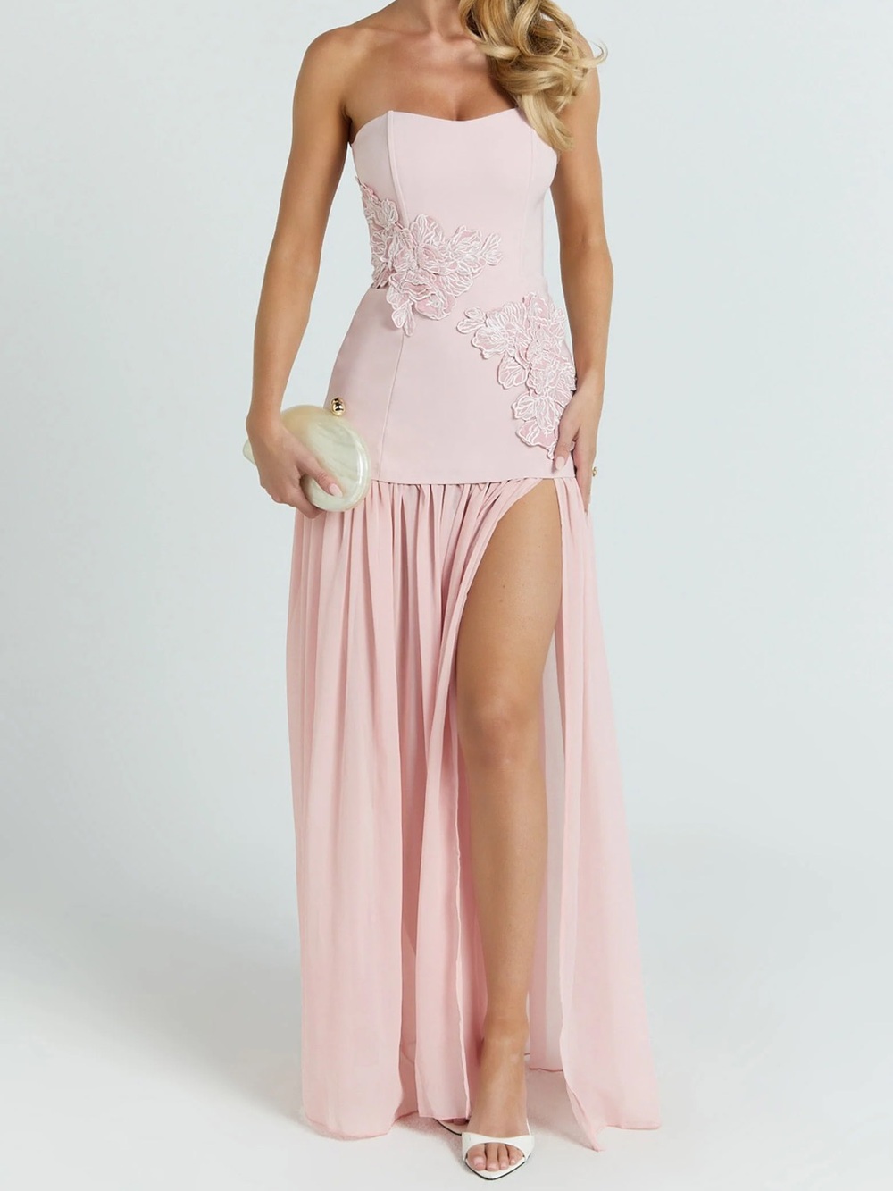 Showpo Jeffries Maxi Dress Pink -Strapless Pink Evening Gown with Lace Applique